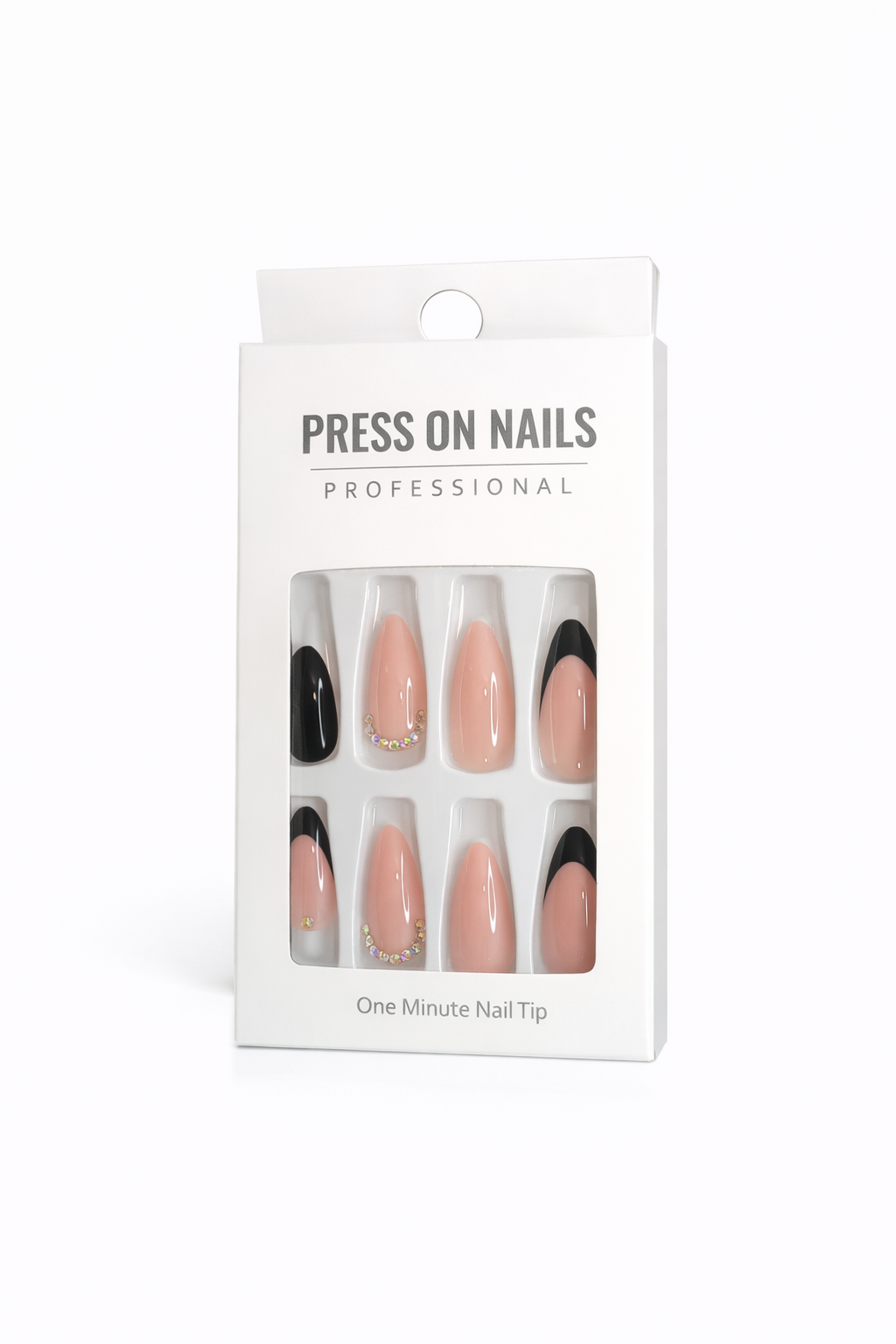 Black French Tip Press-On Nails - Nude with Black Tips & Crystal Accents